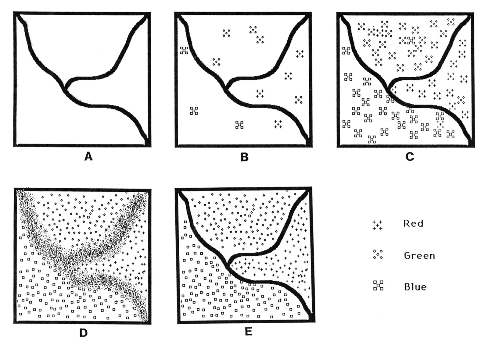 Map labeling problem: A. Blank map before any data has been sampled. B. State of map after a small amount of sampling. C. State of map after…