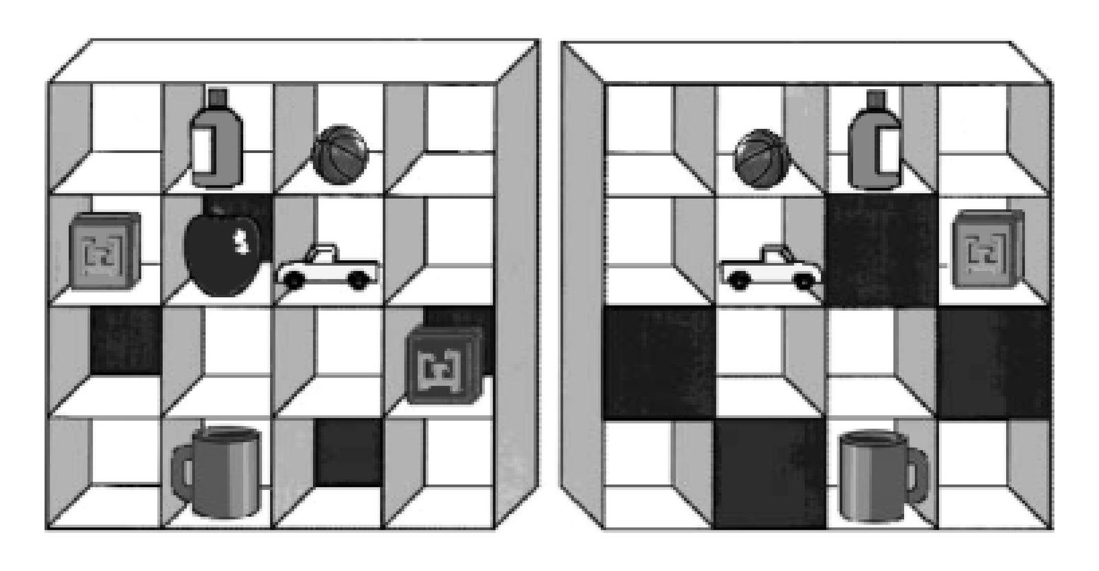 Example of an array from the perspective of the director (right) and the perspective of the subject (left). The target is the mutually visible block (second row), and the competitor is the block (third row) visible only to the subject.