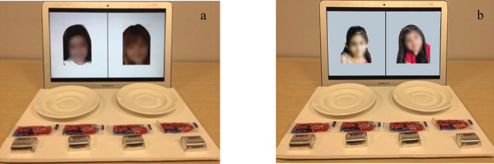 Candy stimulus task setup with two target child faces on screen above two empty plates and arrays of gummi and chocolate candies on a wooden table, shown for US sample (left) and India sample (right).