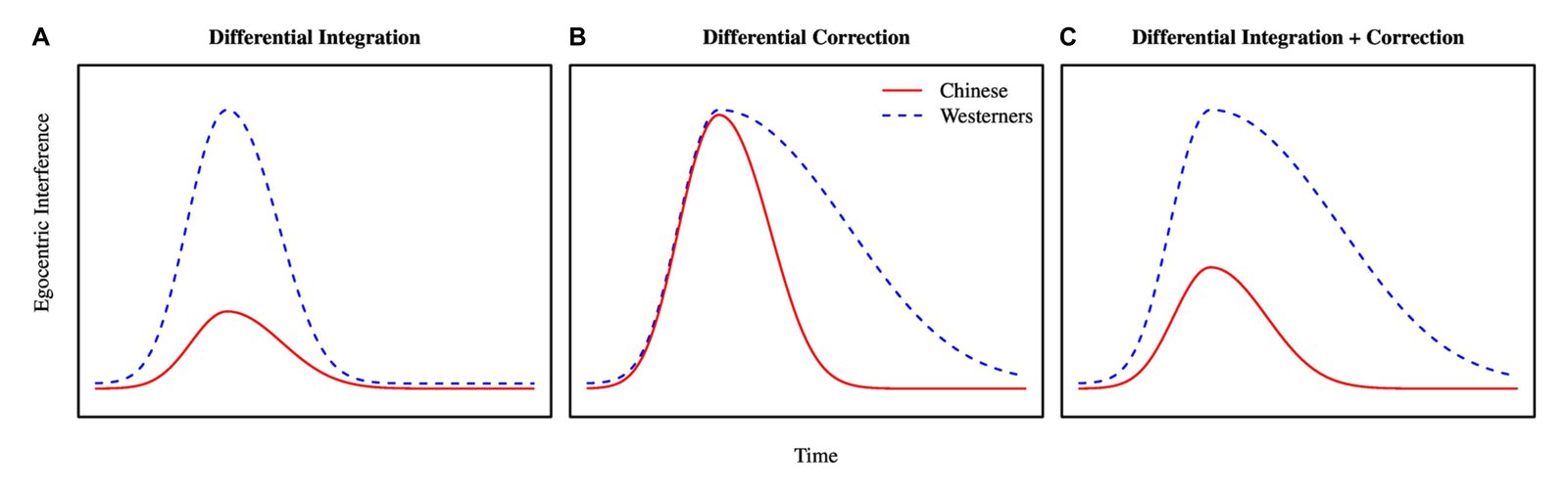 Three theoretical predictions of egocentric interference profiles over time comparing Chinese (solid red) to Western (dashed blue) participants: differential integration shows Chinese interference lower from onset; differential correction shows equal initial interference with Chinese suppression occurring later; combined model shows both effects.
