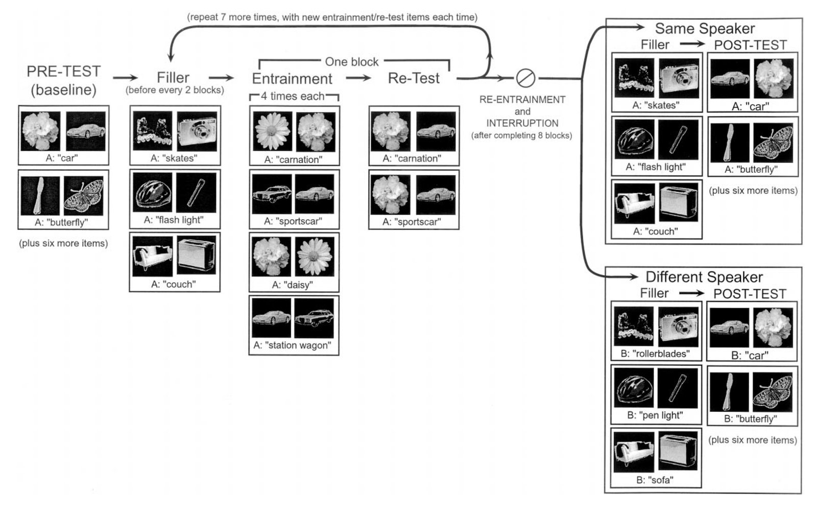 Flowchart of Experiment 3 showing progression from pretest through entrainment, re-test, and posttest phases, with examples of visual stimuli and speaker labels for Same Speaker and Different Speaker conditions.